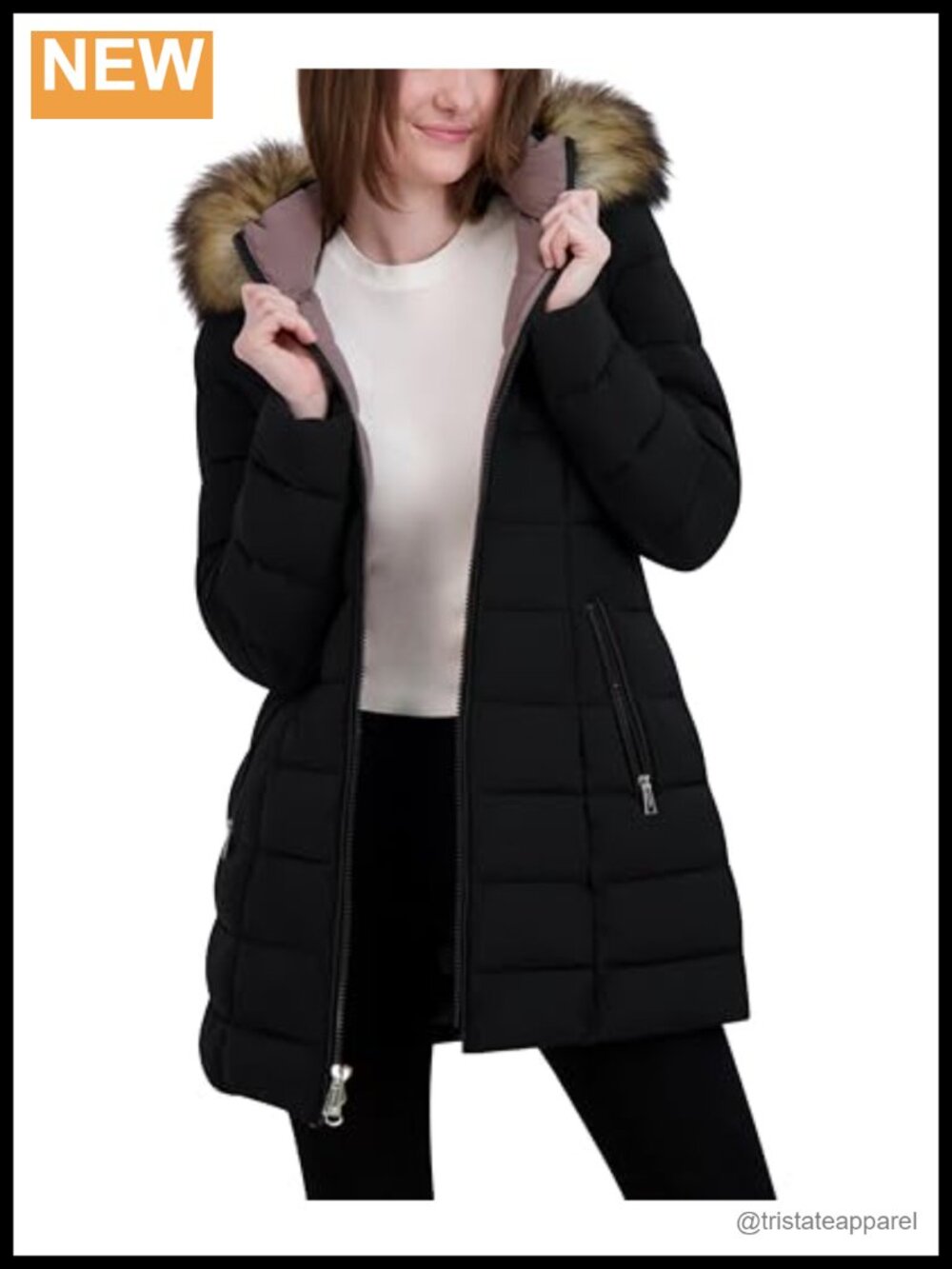 Long Quilted Puffer Jacket with Detachable Faux Fur Hood, Stretch Fabric